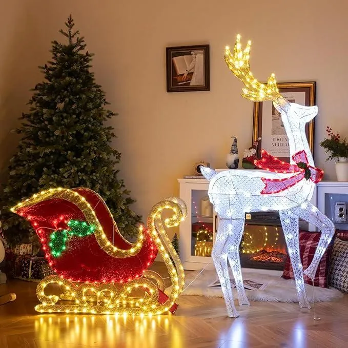 Yılbaşı Işıklı Kızaklı Geyik Dekor 175 cm