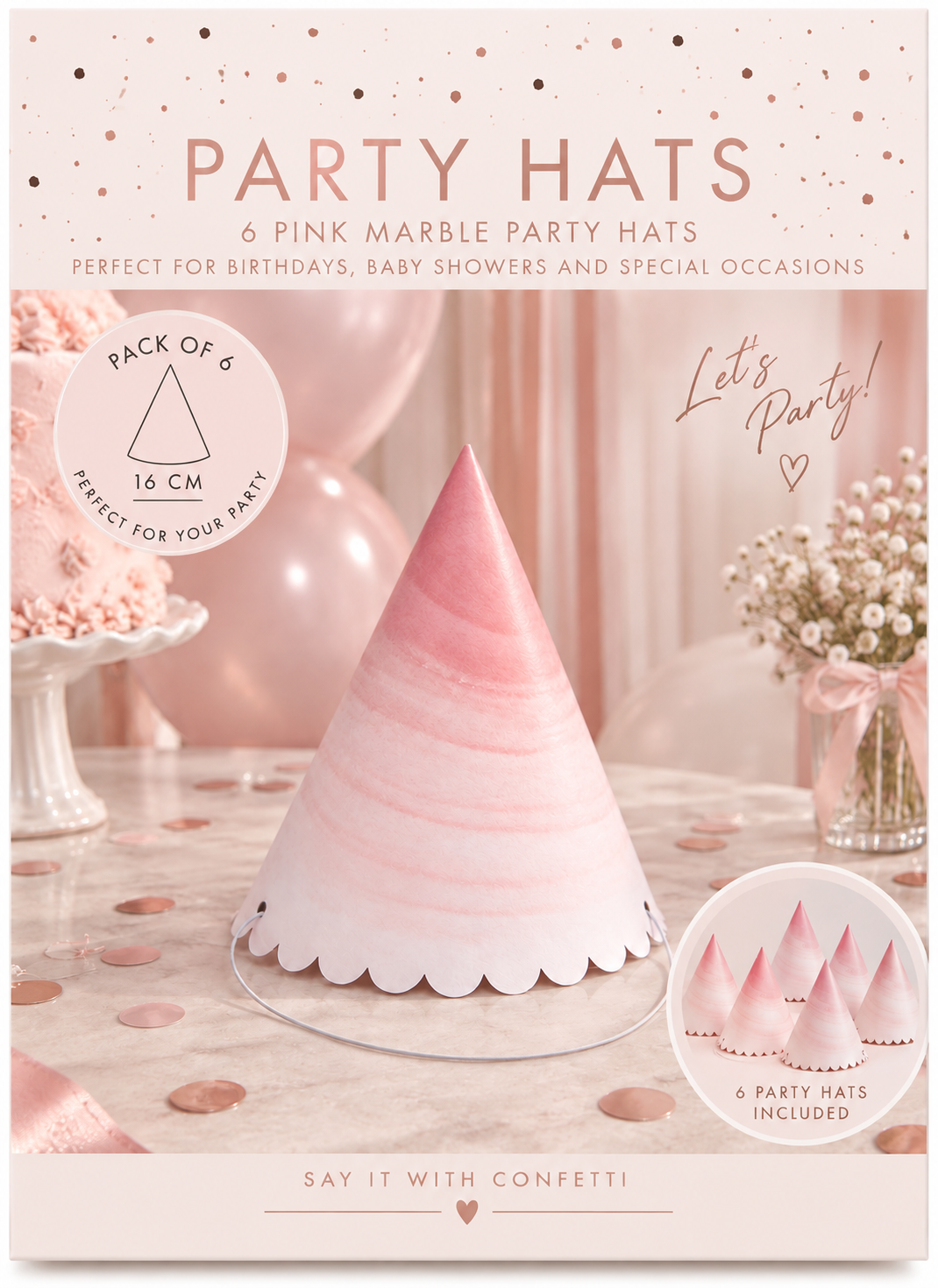Ginger Ray Pembe Mermer Desenli Parti Şapkası 6’lı