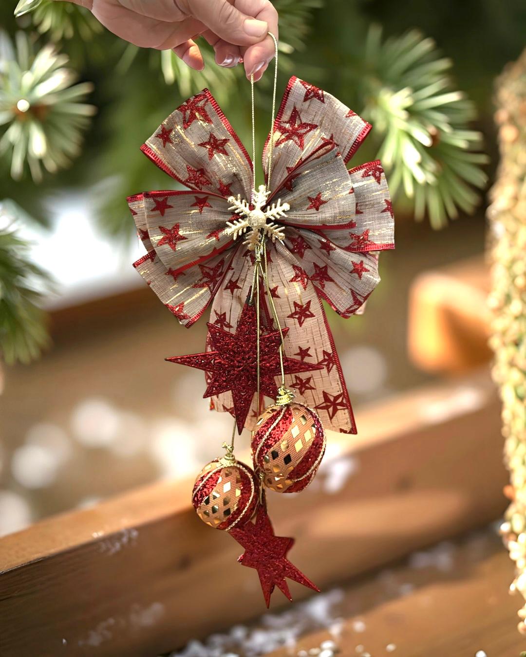 Yılbaşı Kırmızı Gold Fiyonk Asma Süs