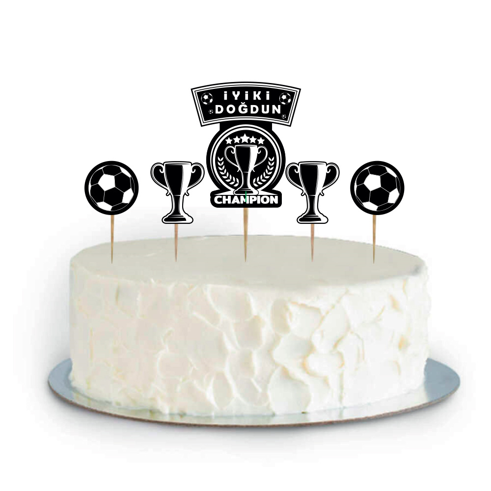 Şampiyon Temalı Siyah Beyaz Pasta Süsleme Seti 5 Parça