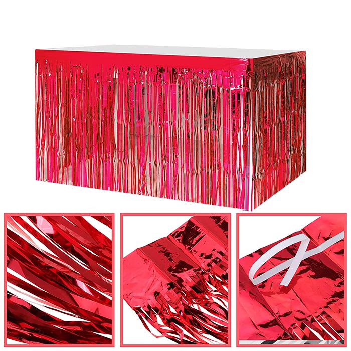 Kırmızı Işıltılı Püsküllü Masa Eteği