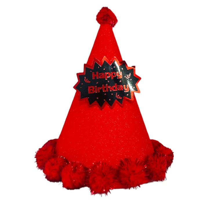 Kırmızı Simli Happy Birthday Parti Şapka