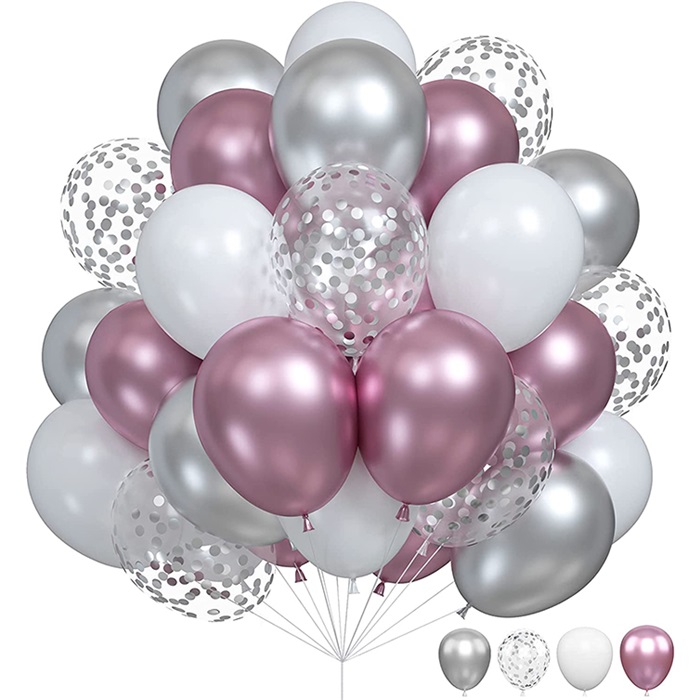 Krom Gümüş Pembe Renkli Konfetili Balon