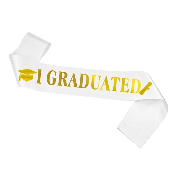 Kuşak Saten Varaklı Mezuniyet Beyaz Üzeri Altın