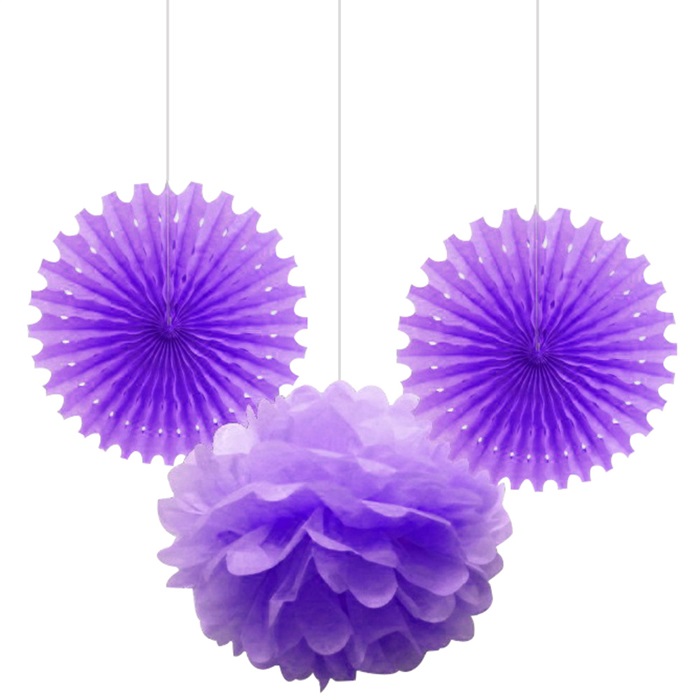 Mor Ponpon Çiçek Yelpaze Süs Seti