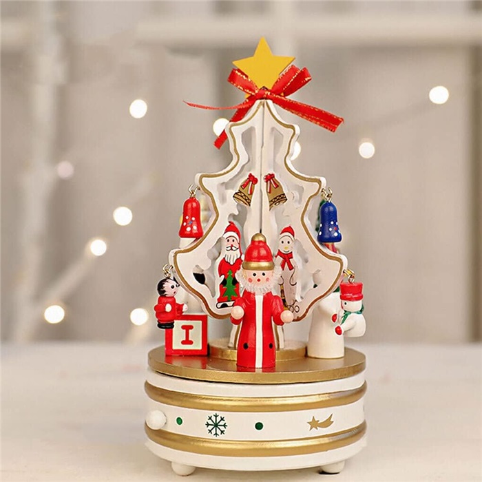 Müzikli Beyaz Yılbaşı Ağaçlı Ahşap Dekor