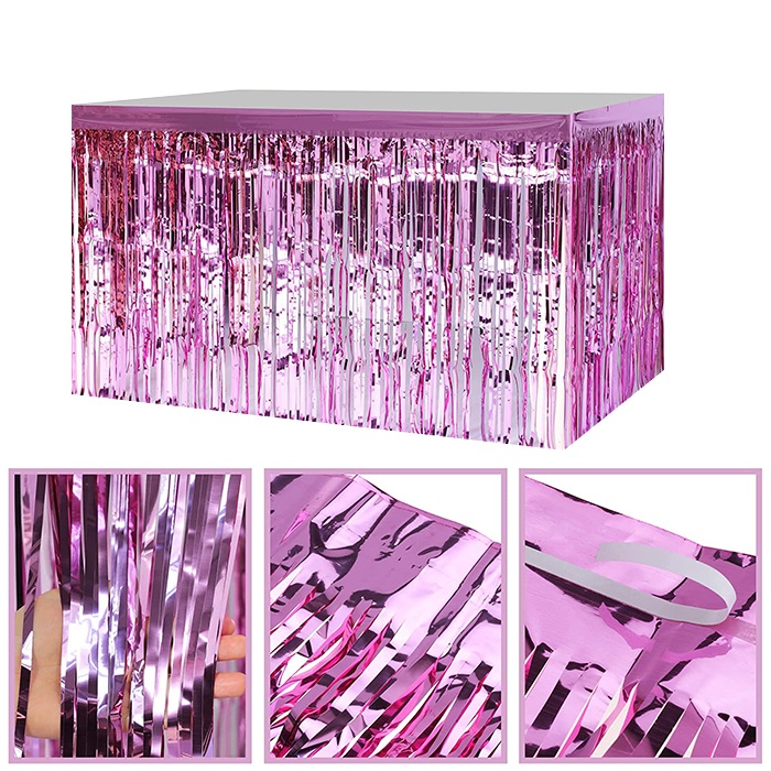 Pembe Işıltılı Püsküllü Masa Eteği