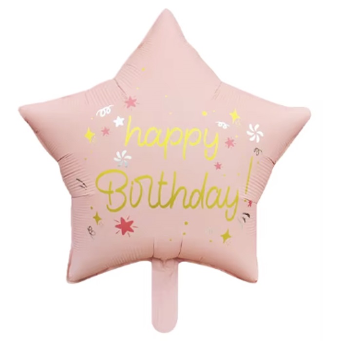 Pembe Renkli Happy Birthday Yıldız Folyo Balon