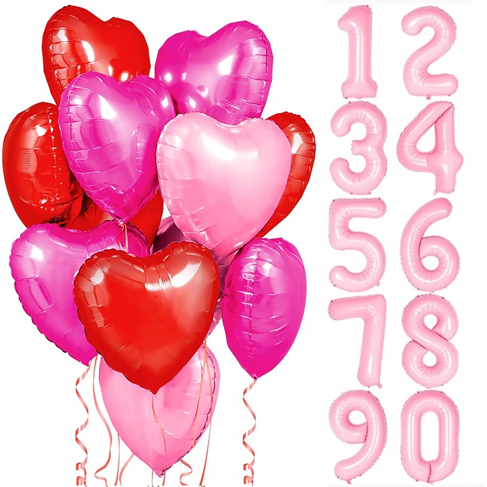 Pembe Renkli Kalp Rakam Balon Seti