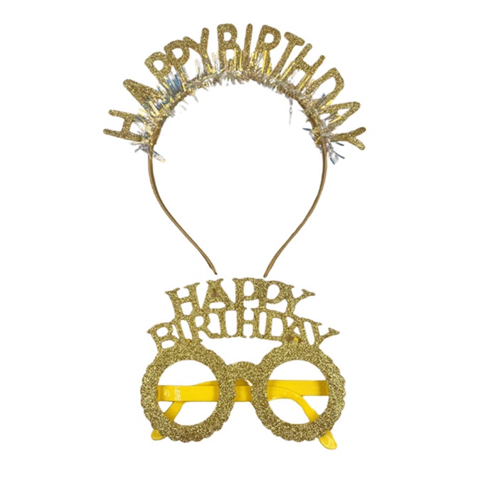 Plastik Happy Birthday Taç Gözlük Set Simli Gold