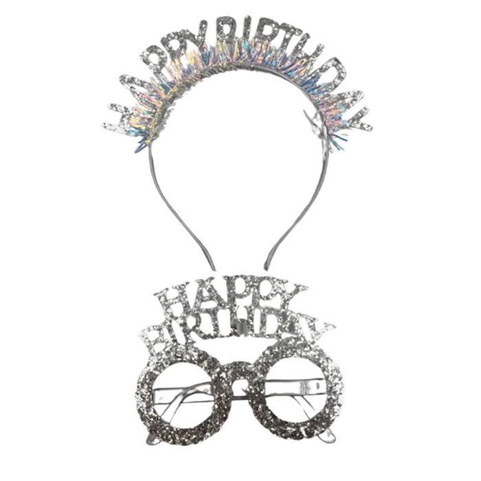Plastik Happy Birthday Taç Gözlük Set Simli Gümüş