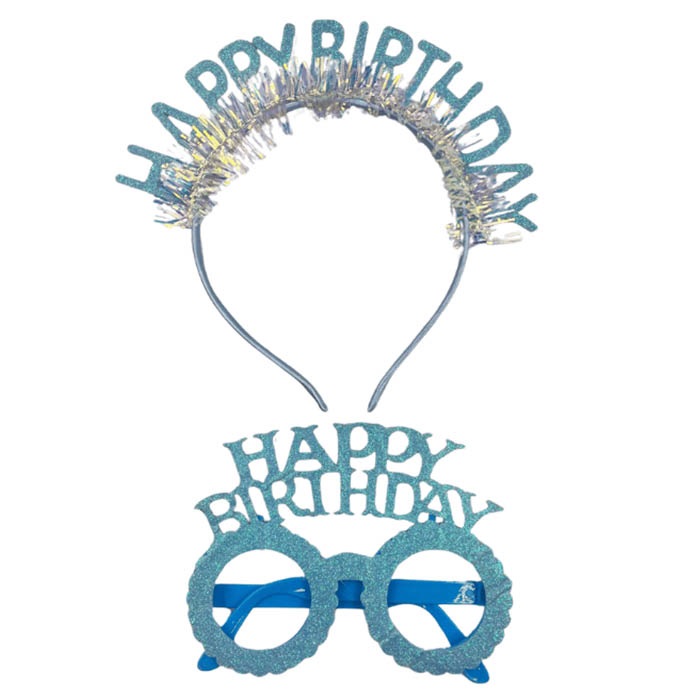 Plastik Happy Birthday Taç Gözlük Set Simli Mavi