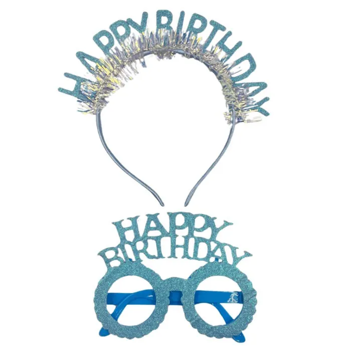 Plastik Happy Birthday Taç Gözlük Set Simli Mavi