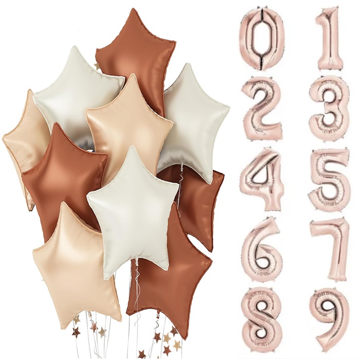 Retro Renkler Yıldızlar Rose Gold Rakam Balon Seti