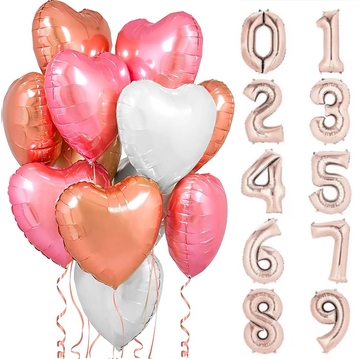 Rose Gold Renkli Kalp Rakam Balon Seti
