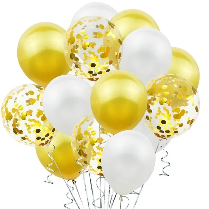 Metalik Sarı Beyaz Konfetili Balon