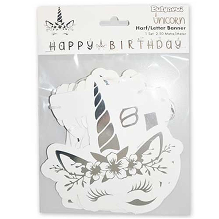 Unicorn Gümüş Varaklı Happy Birthday Yazı