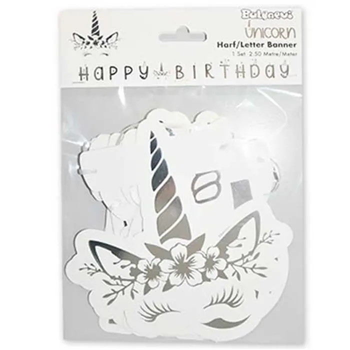 Unicorn Gümüş Varaklı Happy Birthday Yazı