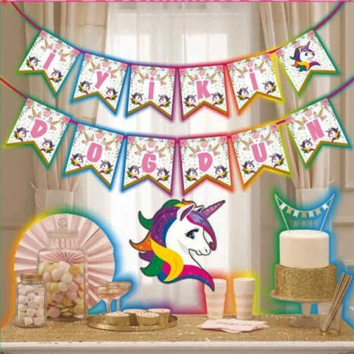 Unicorn Temalı Renkli İyi Ki Doğdun Yazı