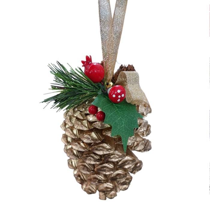 Yılbaşı Gold Renkli Süslü Kozalak Asma Süs