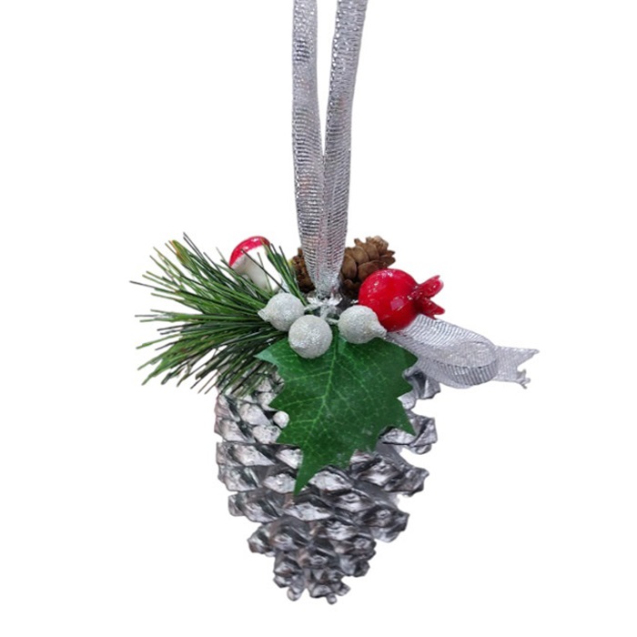 Yılbaşı Gümüş Renkli Süslü Kozalak Asma Süs