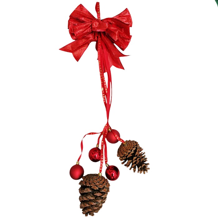 Yılbaşı Kırmızı Kozalaklı Fiyonk Asma Süs